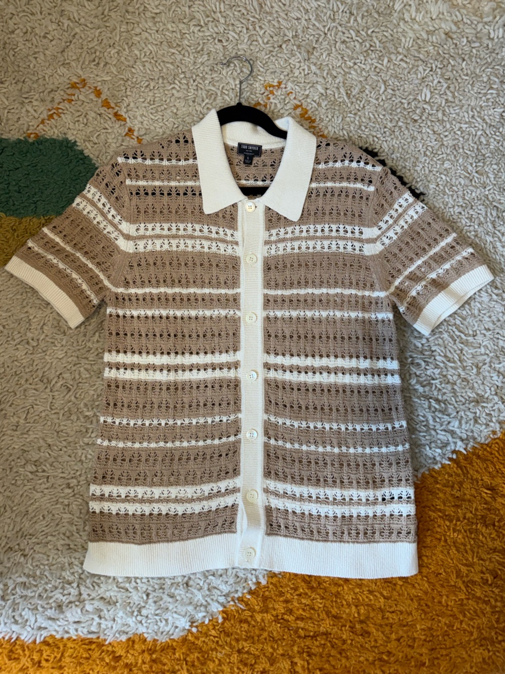 Todd Snyder Cream and White Striped Short Sleeve Sweater Polo/Cardigan (large)